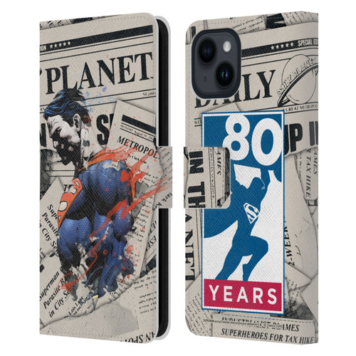 Superman DC Comics 80th Anniversary Newspaper Leather Book Wallet Case Cover For Apple iPhone 15