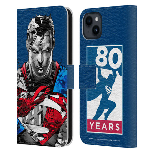 Superman DC Comics 80th Anniversary Collage Leather Book Wallet Case Cover For Apple iPhone 15 Plus
