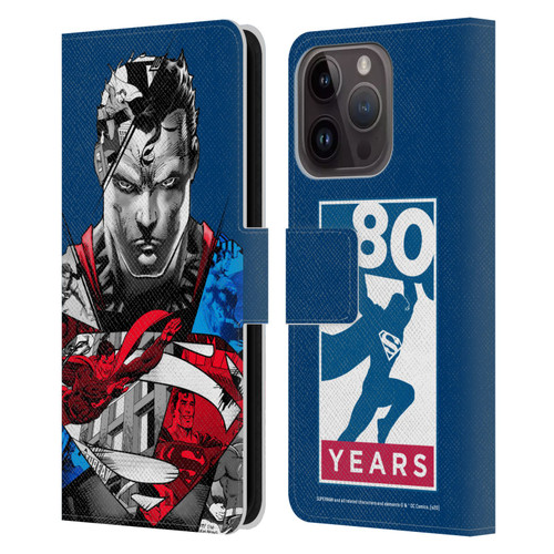 Superman DC Comics 80th Anniversary Collage Leather Book Wallet Case Cover For Apple iPhone 15 Pro