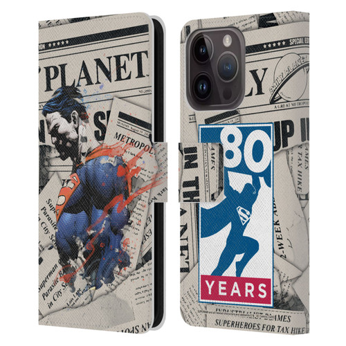 Superman DC Comics 80th Anniversary Newspaper Leather Book Wallet Case Cover For Apple iPhone 15 Pro