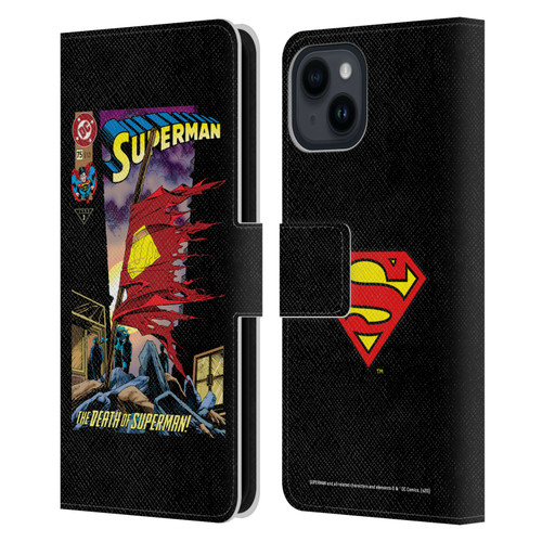 Superman DC Comics Famous Comic Book Covers Death Leather Book Wallet Case Cover For Apple iPhone 15
