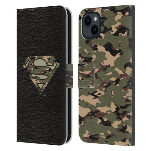 Superman DC Comics Logos Camouflage Leather Book Wallet Case Cover For Apple iPhone 15 Plus