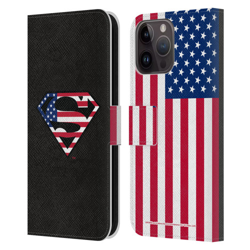 Superman DC Comics Logos U.S. Flag 2 Leather Book Wallet Case Cover For Apple iPhone 15 Pro Max