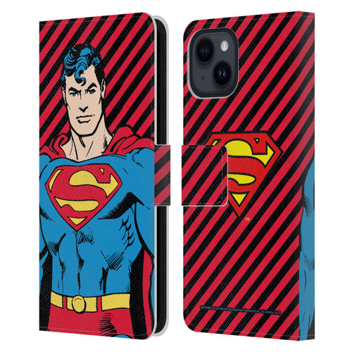 Superman DC Comics Vintage Fashion Stripes Leather Book Wallet Case Cover For Apple iPhone 15