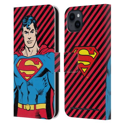 Superman DC Comics Vintage Fashion Stripes Leather Book Wallet Case Cover For Apple iPhone 15 Plus