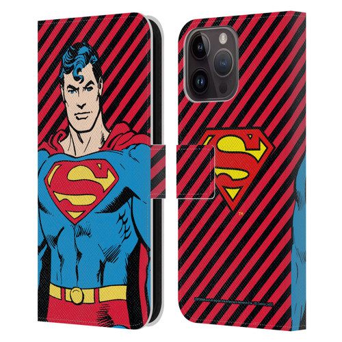 Superman DC Comics Vintage Fashion Stripes Leather Book Wallet Case Cover For Apple iPhone 15 Pro Max