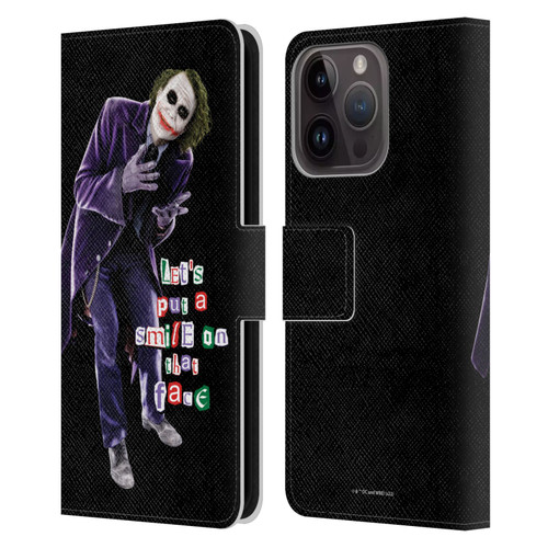 The Dark Knight Graphics Joker Put A Smile Leather Book Wallet Case Cover For Apple iPhone 15 Pro