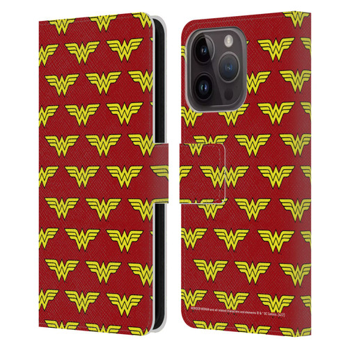 Wonder Woman DC Comics Logos Pattern Leather Book Wallet Case Cover For Apple iPhone 15 Pro