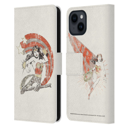 Wonder Woman DC Comics Vintage Art Distressed Leather Book Wallet Case Cover For Apple iPhone 15