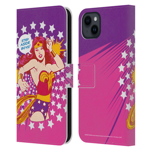 Wonder Woman DC Comics Vintage Art Step Aside Leather Book Wallet Case Cover For Apple iPhone 15 Plus