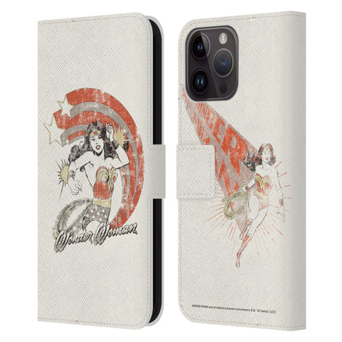 Wonder Woman DC Comics Vintage Art Distressed Leather Book Wallet Case Cover For Apple iPhone 15 Pro Max