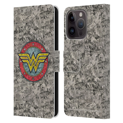 Wonder Woman DC Comics Vintage Art Comics Logo Leather Book Wallet Case Cover For Apple iPhone 15 Pro