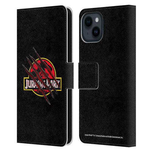 Jurassic Park Logo Plain Black Claw Leather Book Wallet Case Cover For Apple iPhone 15
