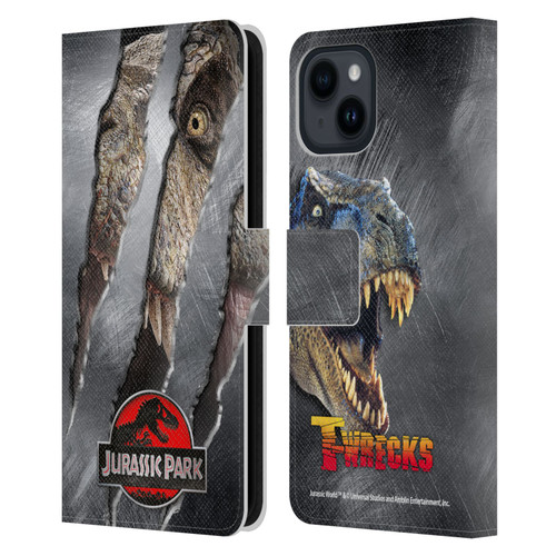 Jurassic Park Logo T-Rex Claw Mark Leather Book Wallet Case Cover For Apple iPhone 15
