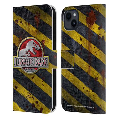 Jurassic Park Logo Distressed Look Crosswalk Leather Book Wallet Case Cover For Apple iPhone 15 Plus