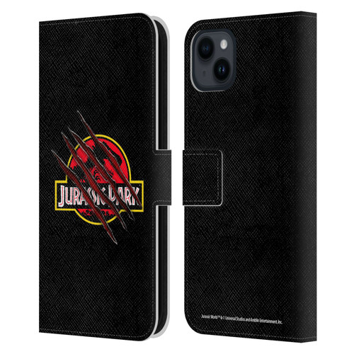 Jurassic Park Logo Plain Black Claw Leather Book Wallet Case Cover For Apple iPhone 15 Plus