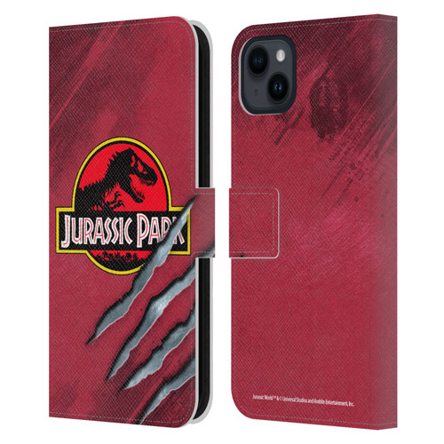 Jurassic Park Logo Red Claw Leather Book Wallet Case Cover For Apple iPhone 15 Plus