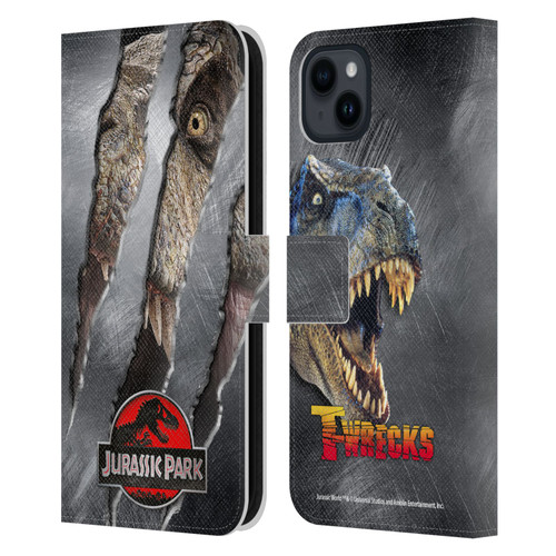 Jurassic Park Logo T-Rex Claw Mark Leather Book Wallet Case Cover For Apple iPhone 15 Plus