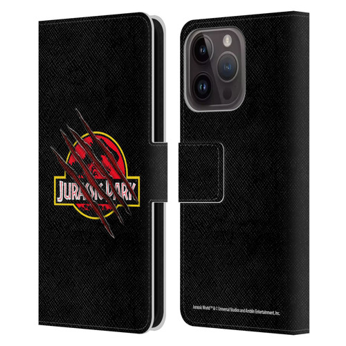 Jurassic Park Logo Plain Black Claw Leather Book Wallet Case Cover For Apple iPhone 15 Pro