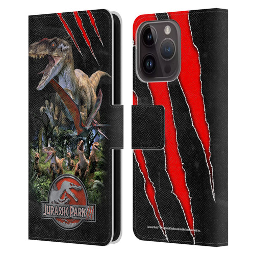 Jurassic Park III Key Art Dinosaurs 3 Leather Book Wallet Case Cover For Apple iPhone 15 Pro