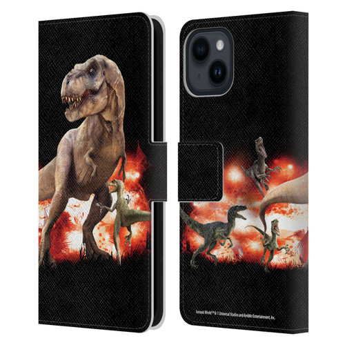 Jurassic World Key Art T-Rex VS. Velociraptors Leather Book Wallet Case Cover For Apple iPhone 15