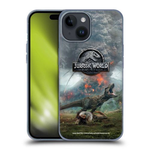 Jurassic World Fallen Kingdom Key Art T-Rex Volcano Soft Gel Case for Apple iPhone 15