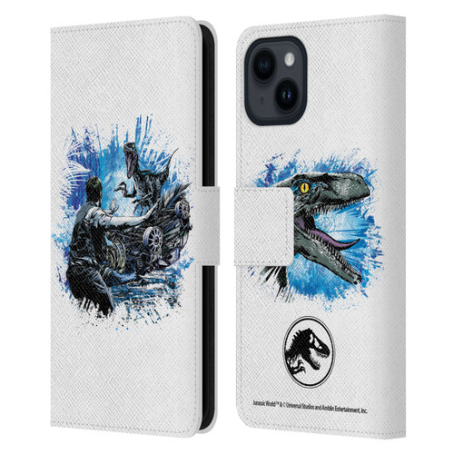 Jurassic World Fallen Kingdom Key Art Blue & Owen Distressed Look Leather Book Wallet Case Cover For Apple iPhone 15