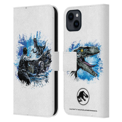 Jurassic World Fallen Kingdom Key Art Blue & Owen Distressed Look Leather Book Wallet Case Cover For Apple iPhone 15 Plus