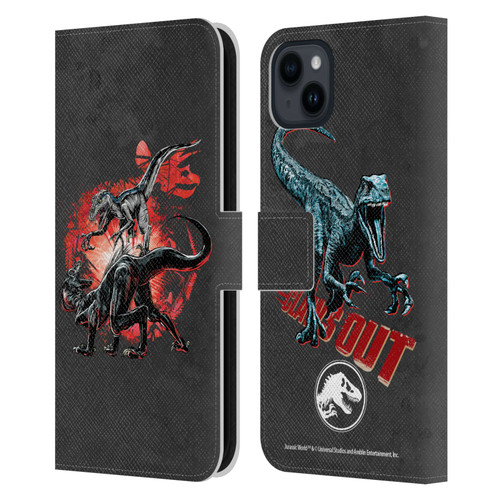 Jurassic World Fallen Kingdom Key Art Raptors Battle Leather Book Wallet Case Cover For Apple iPhone 15 Plus