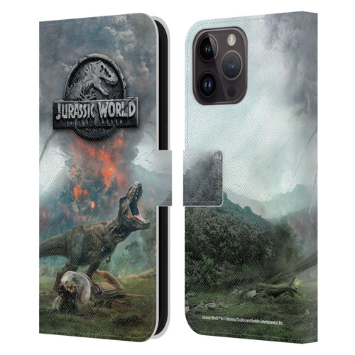 Jurassic World Fallen Kingdom Key Art T-Rex Volcano Leather Book Wallet Case Cover For Apple iPhone 15 Pro Max
