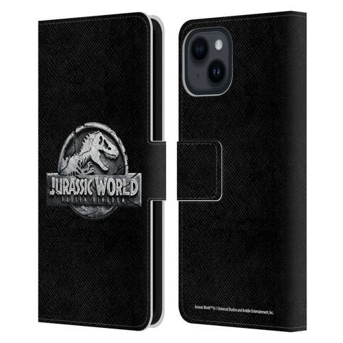 Jurassic World Fallen Kingdom Logo Plain Black Leather Book Wallet Case Cover For Apple iPhone 15