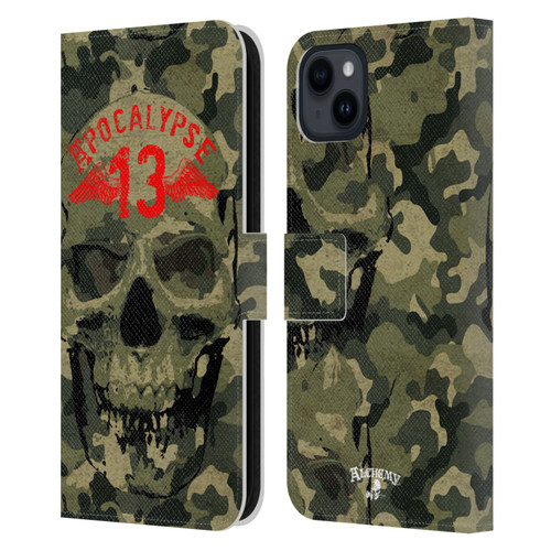 Alchemy Gothic Skull Camo Skull Leather Book Wallet Case Cover For Apple iPhone 15 Plus