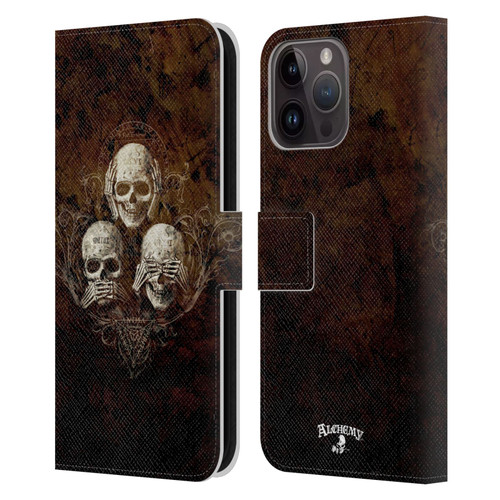 Alchemy Gothic Skull No Evil Three Skull Leather Book Wallet Case Cover For Apple iPhone 15 Pro Max