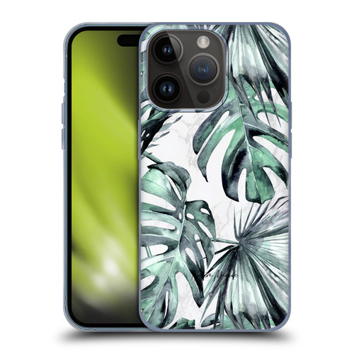 Nature Magick Tropical Palm Leaves On Marble Turquoise Green Island Soft Gel Case for Apple iPhone 15 Pro