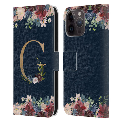 Nature Magick Floral Monogram Gold Navy Letter G Leather Book Wallet Case Cover For Apple iPhone 15 Pro Max