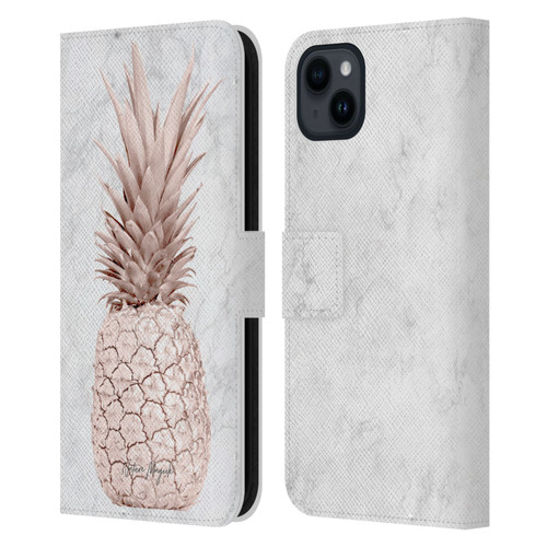 Nature Magick Rose Gold Pineapple On Marble Rose Gold Leather Book Wallet Case Cover For Apple iPhone 15 Plus