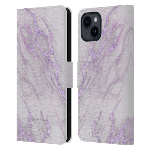 Nature Magick Marble Metallics Purple Leather Book Wallet Case Cover For Apple iPhone 15