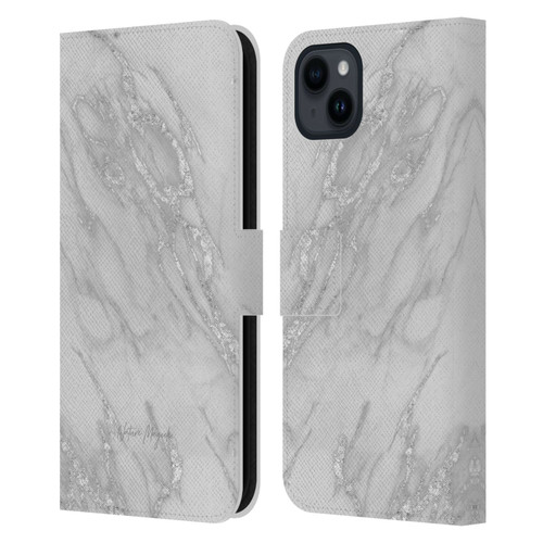 Nature Magick Marble Metallics Silver Leather Book Wallet Case Cover For Apple iPhone 15 Plus