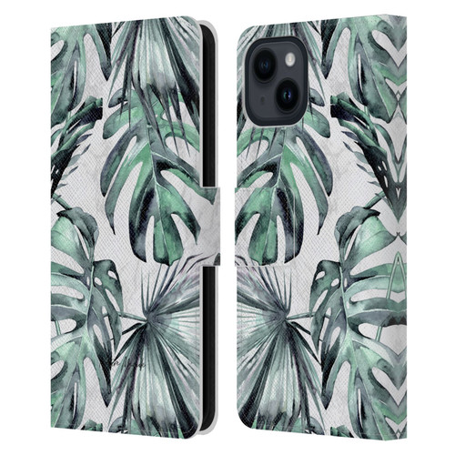 Nature Magick Tropical Palm Leaves On Marble Turquoise Green Island Leather Book Wallet Case Cover For Apple iPhone 15