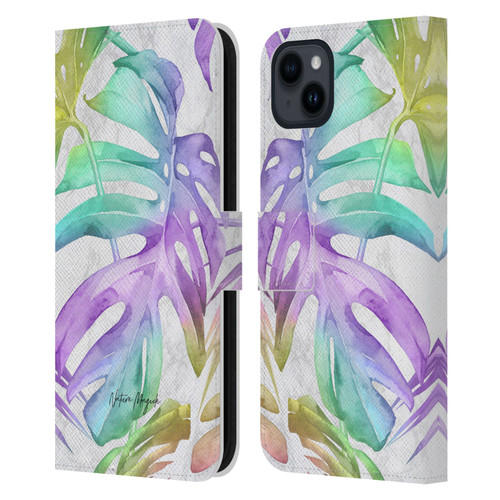 Nature Magick Tropical Palm Leaves On Marble Rainbow Leaf Leather Book Wallet Case Cover For Apple iPhone 15 Plus