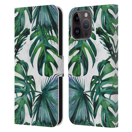 Nature Magick Tropical Palm Leaves On Marble Green Tropics Leather Book Wallet Case Cover For Apple iPhone 15 Pro Max