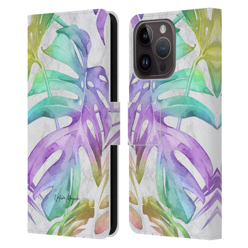 Nature Magick Tropical Palm Leaves On Marble Rainbow Leaf Leather Book Wallet Case Cover For Apple iPhone 15 Pro
