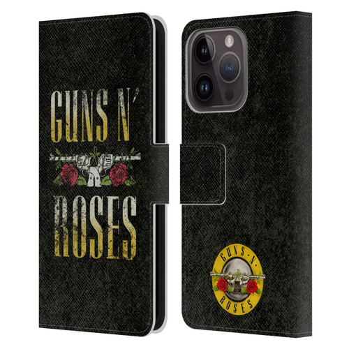 Guns N' Roses Key Art Text Logo Pistol Leather Book Wallet Case Cover For Apple iPhone 15 Pro