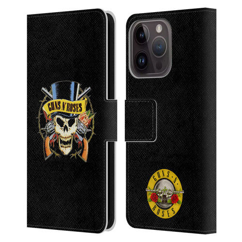 Guns N' Roses Key Art Top Hat Skull Leather Book Wallet Case Cover For Apple iPhone 15 Pro