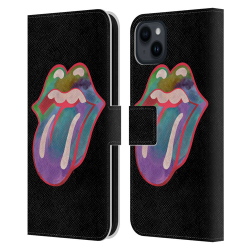 The Rolling Stones Graphics Watercolour Tongue Leather Book Wallet Case Cover For Apple iPhone 15 Plus