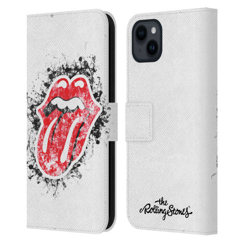 The Rolling Stones Licks Collection Distressed Look Tongue Leather Book Wallet Case Cover For Apple iPhone 15 Plus