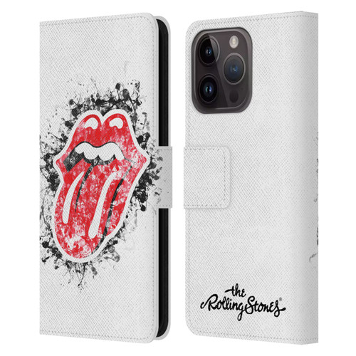 The Rolling Stones Licks Collection Distressed Look Tongue Leather Book Wallet Case Cover For Apple iPhone 15 Pro