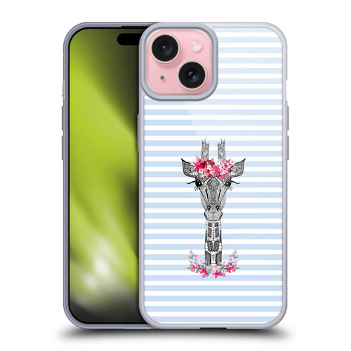Monika Strigel Flower Giraffe And Stripes Blue Soft Gel Case for Apple iPhone 15