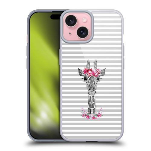 Monika Strigel Flower Giraffe And Stripes Grey Soft Gel Case for Apple iPhone 15