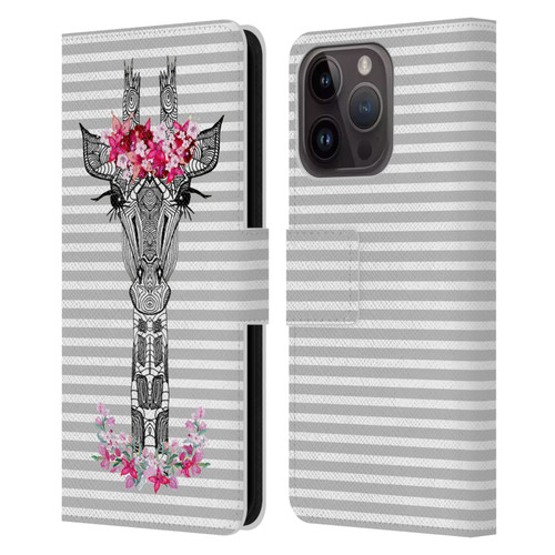 Monika Strigel Flower Giraffe And Stripes Grey Leather Book Wallet Case Cover For Apple iPhone 15 Pro